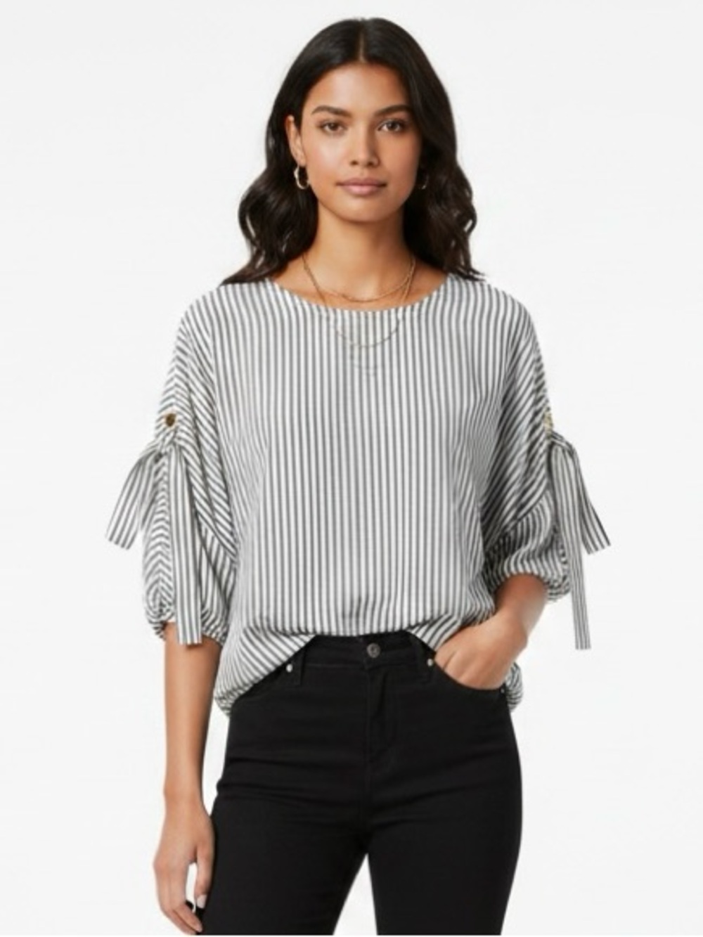 Michael Kors Black & White Striped Tie-Sleeve Blouse
